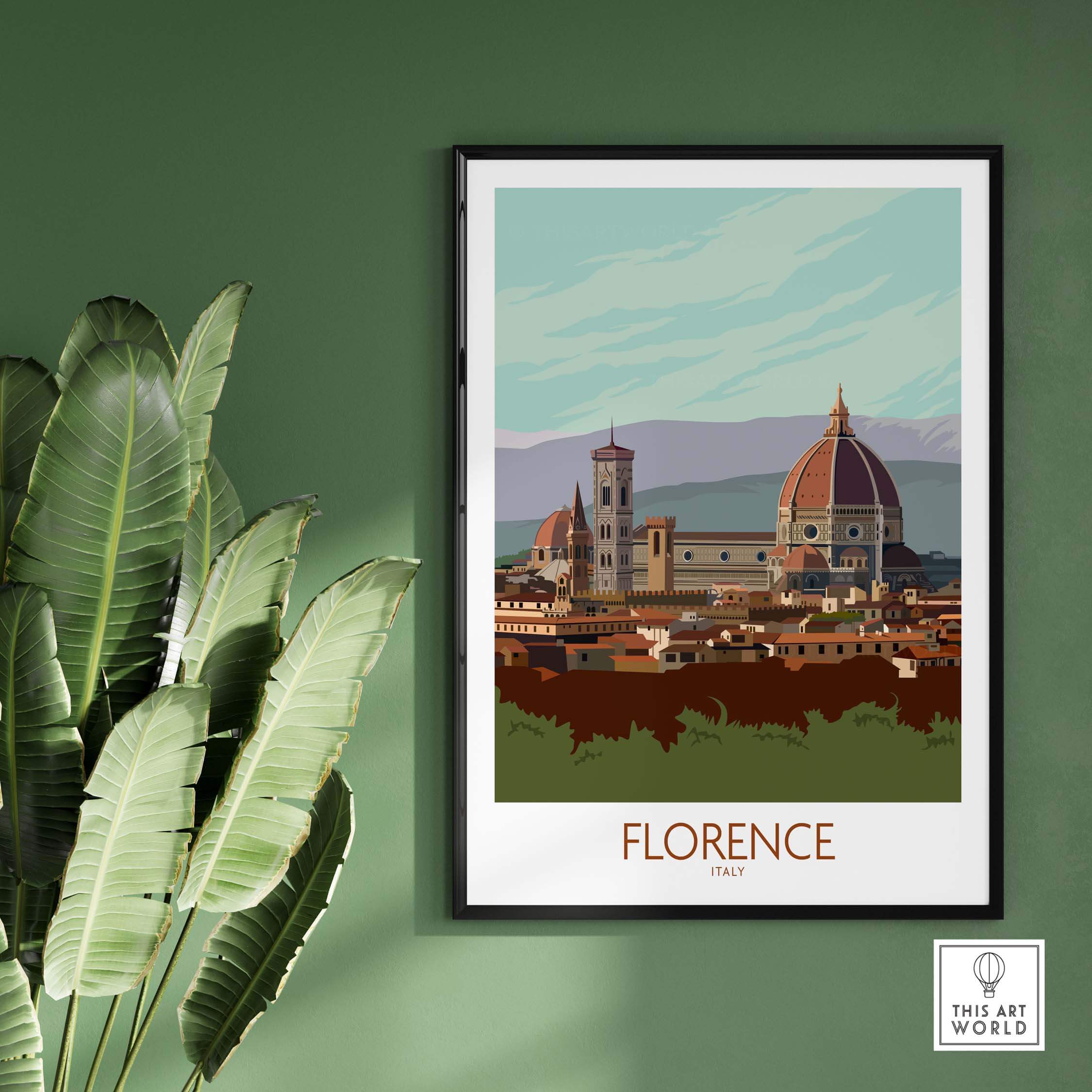 Vintage Florence Italy travel poster showcasing iconic landmarks with stylish green background.