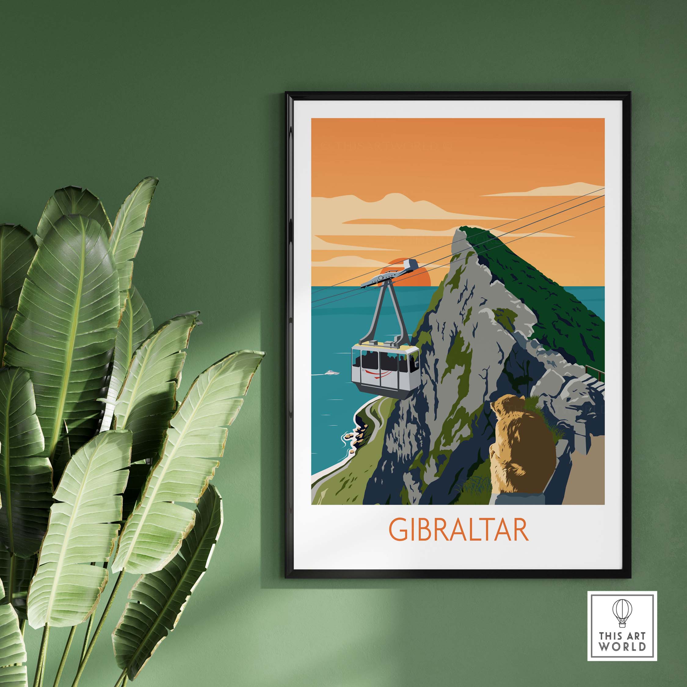 Gibraltar Travel Poster Art Print featuring a scenic view of the rock and cable car, styled vintage design for home decor.