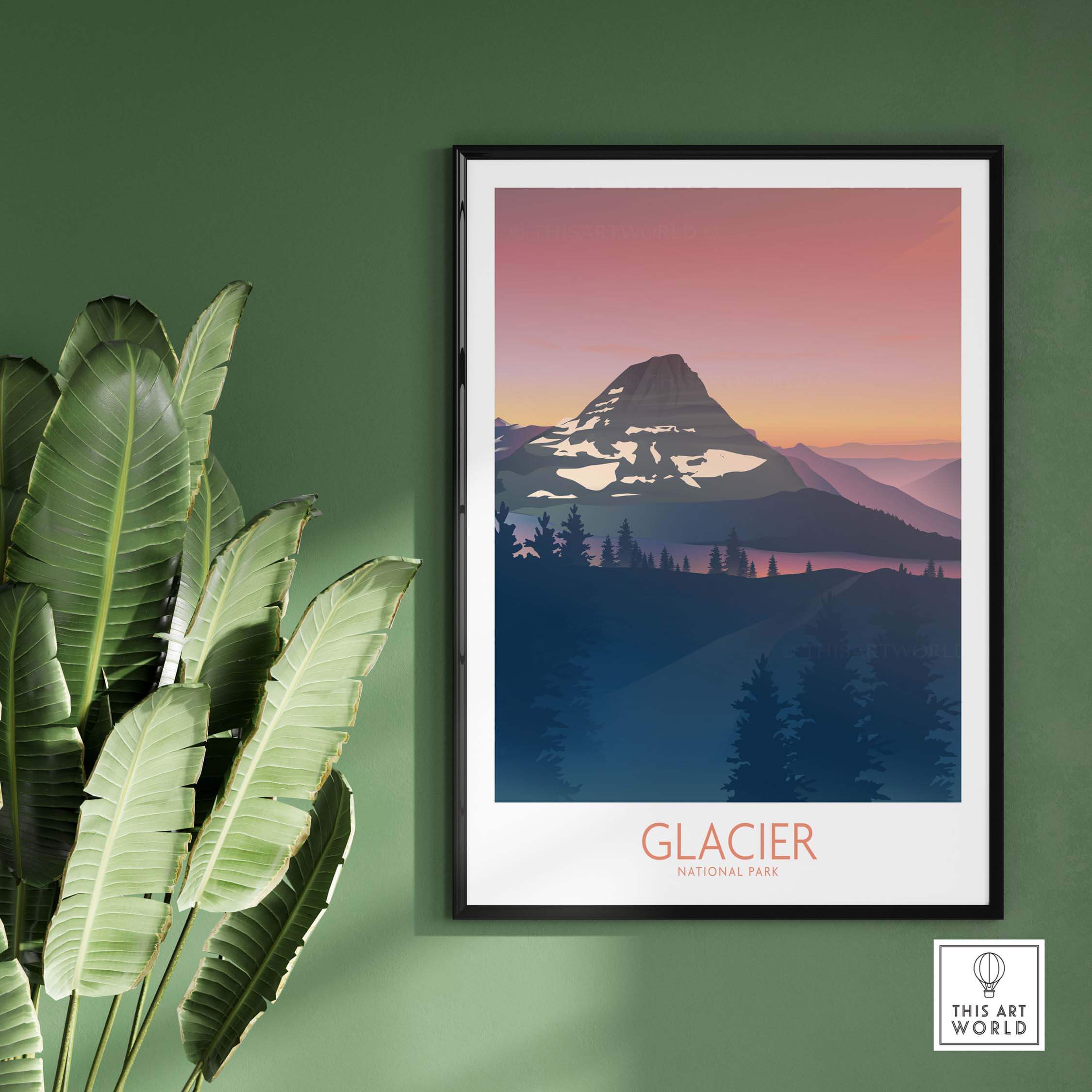 Framed Glacier National Park art print showcasing a colorful mountain landscape and minimalist design.