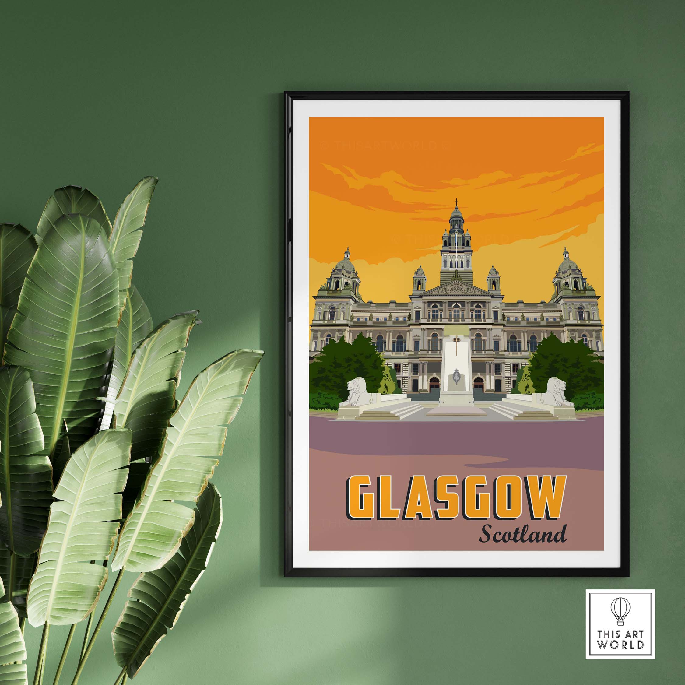 Glasgow Poster Print featuring elegant architecture and vibrant colors, perfect for travel enthusiasts and home decor.