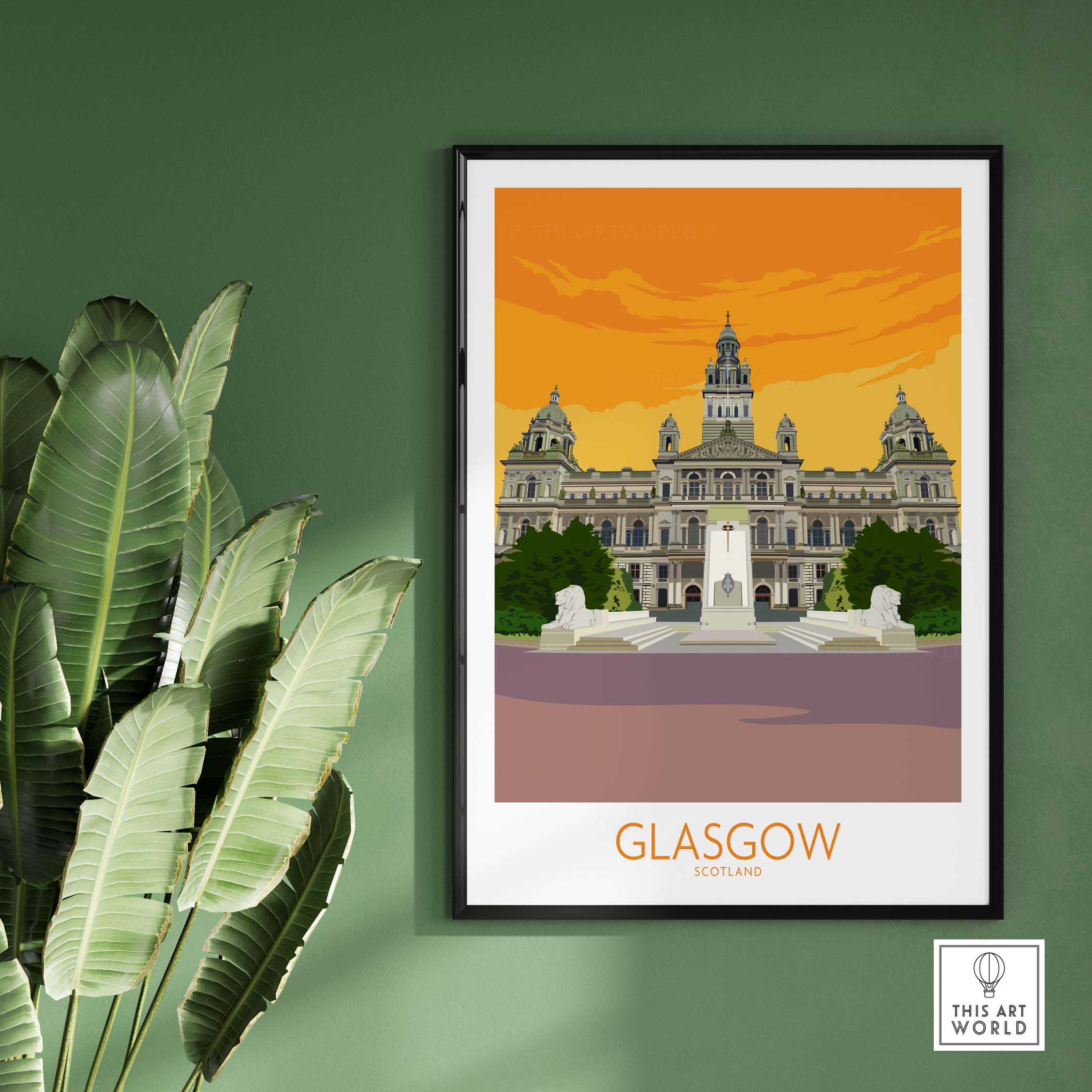 Glasgow Travel Poster Art Print showcasing iconic architecture against a vibrant orange sunset.