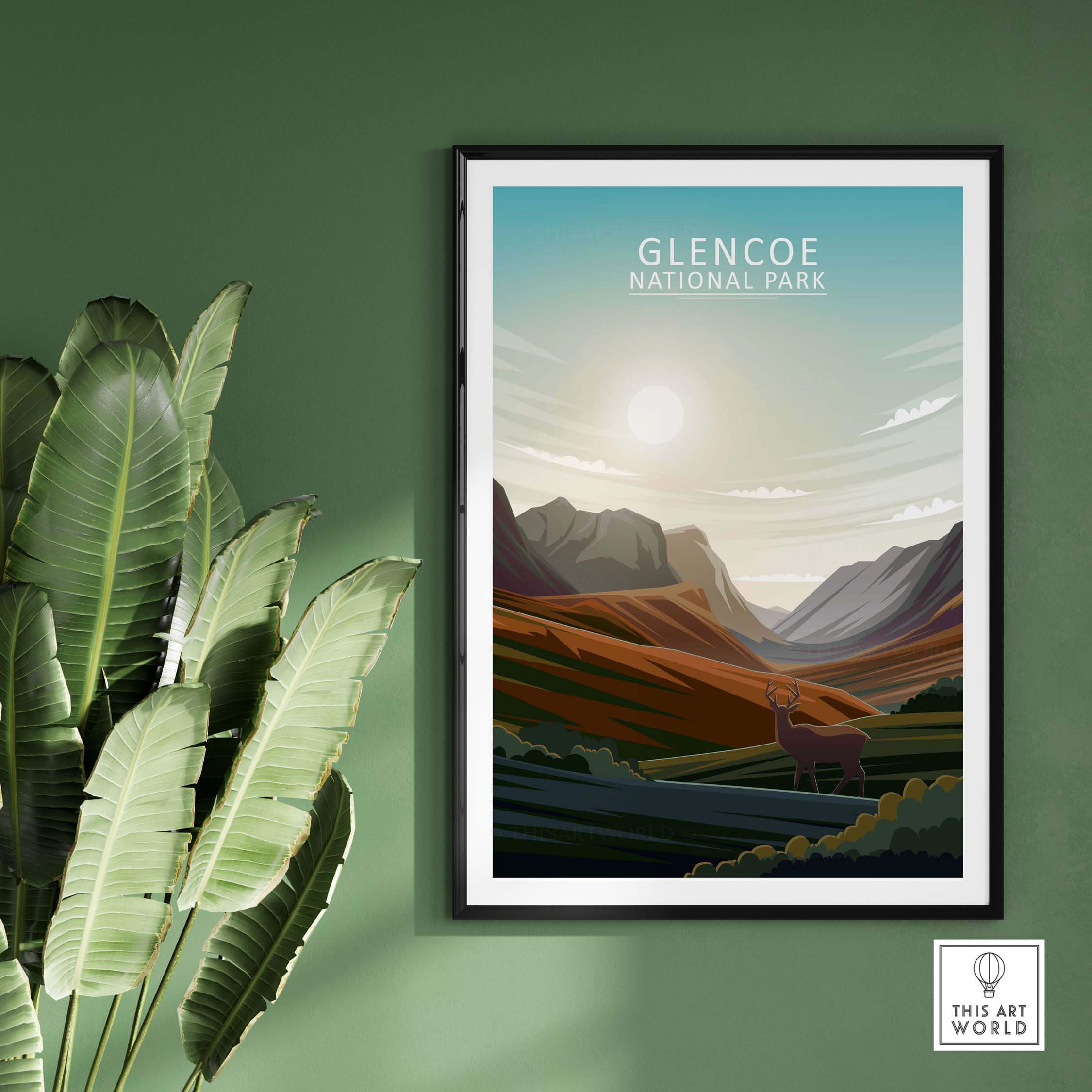 Glencoe National Park poster showcasing rolling hills, mountains, and sunlit landscape, perfect for nature lovers.