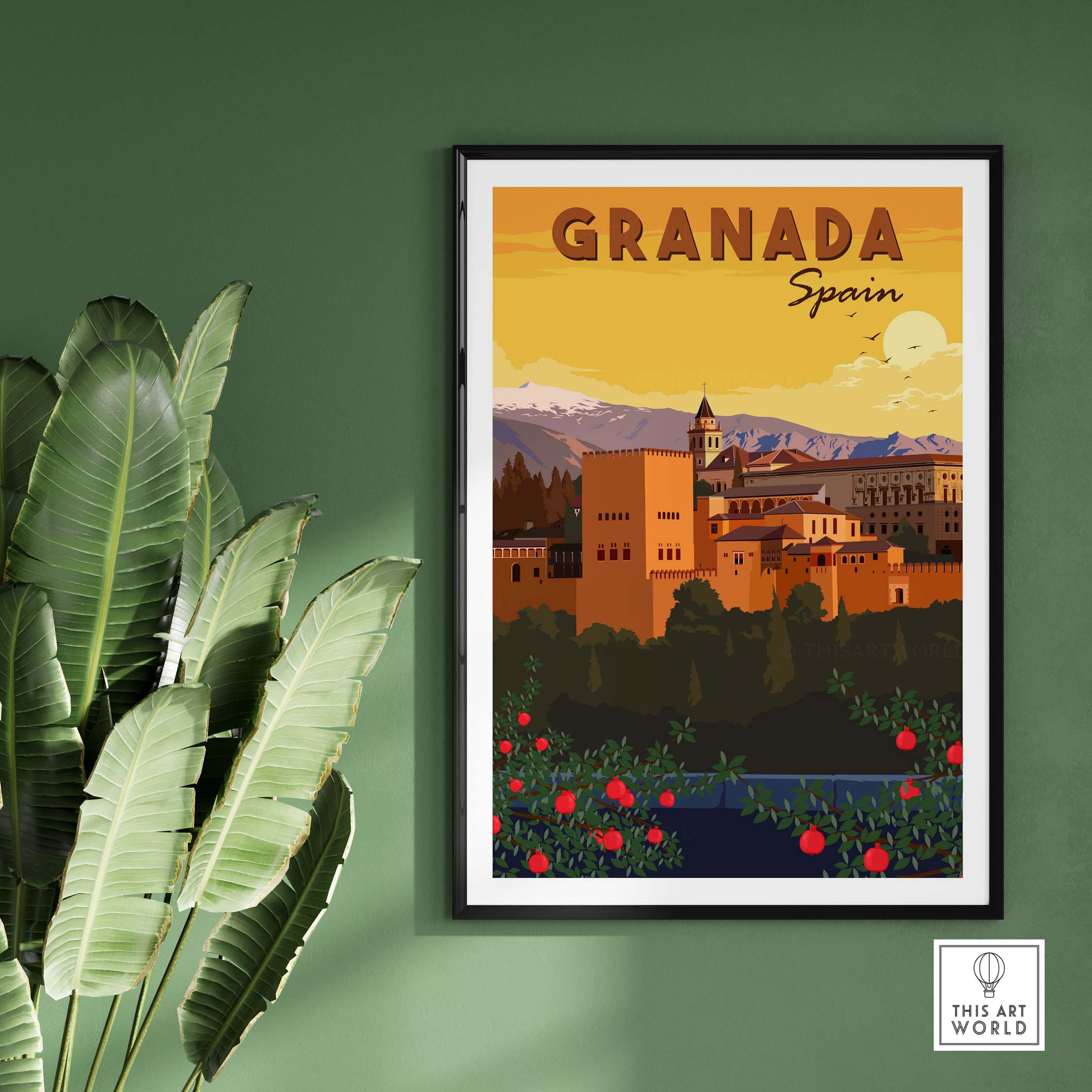 Granada Wall Art Print showcasing the Alhambra with vintage style, perfect for home decor inspired by Spain.