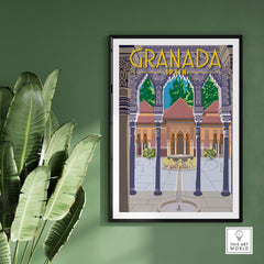 Vintage Granada Poster Spain Print featuring intricate architectural details and lush greenery.