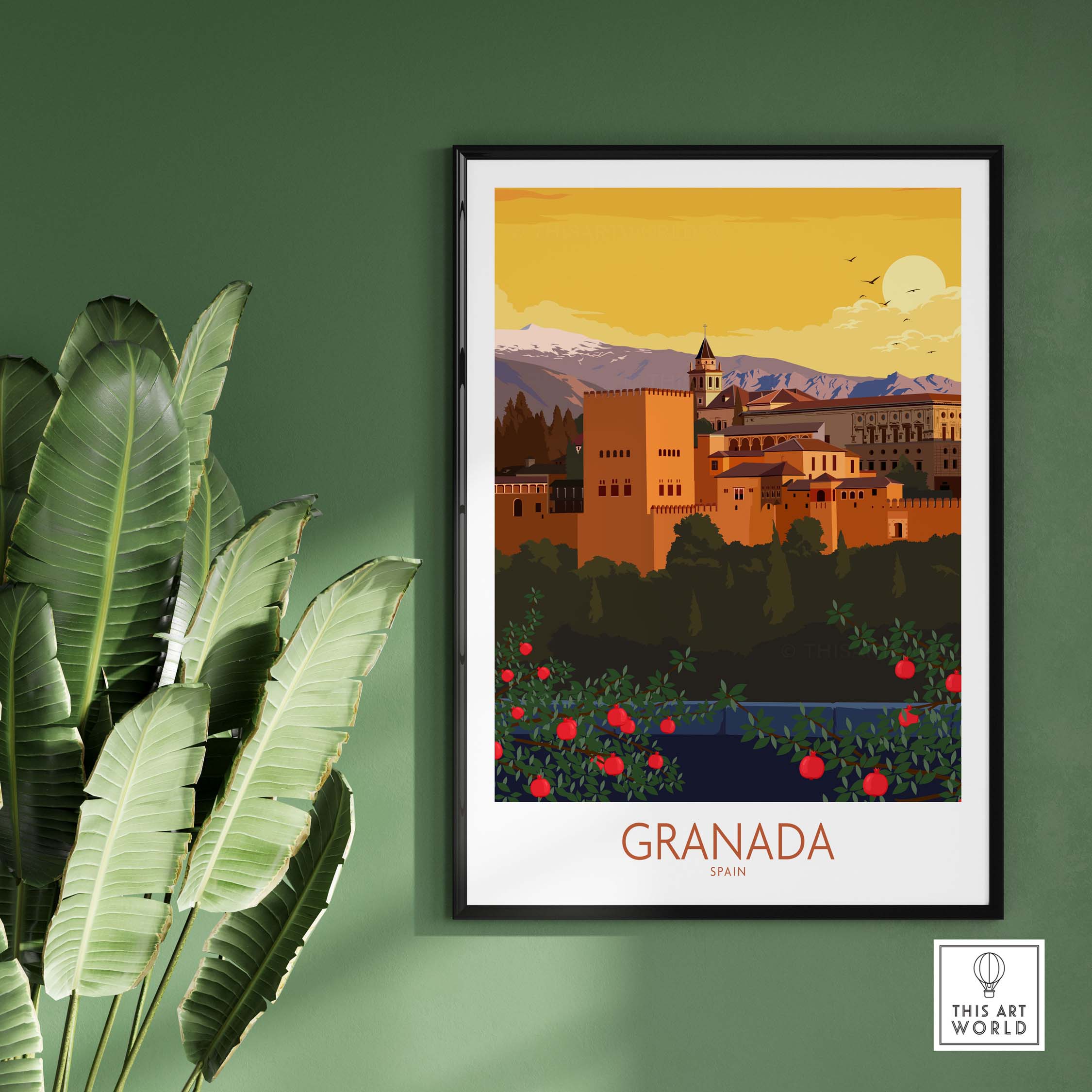 Granada poster print showcasing the historic Alhambra with vibrant colors, perfect for travel enthusiasts and wall art lovers.