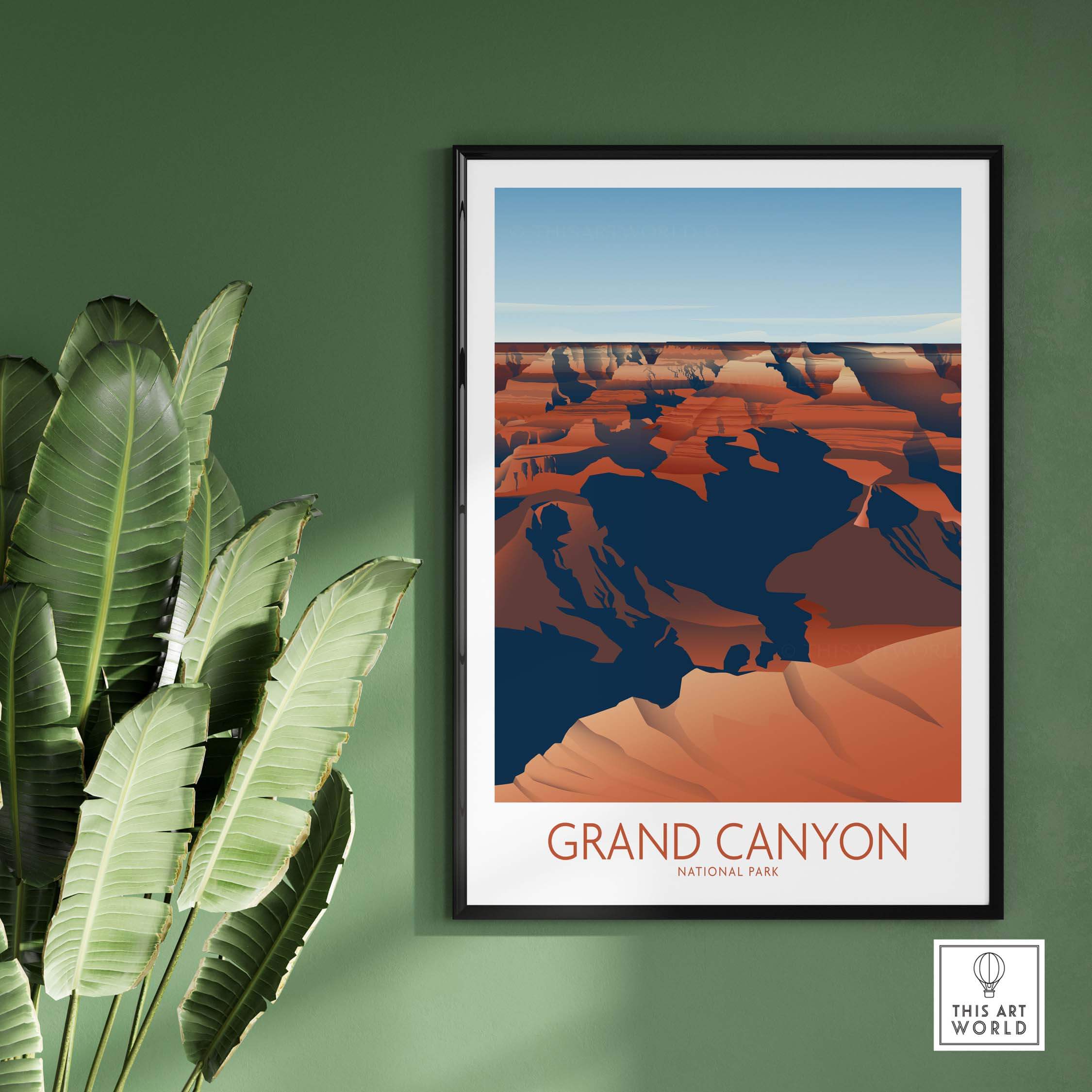 Grand Canyon National Park art print displayed on a green wall, showcasing a minimalist design with vibrant colors.