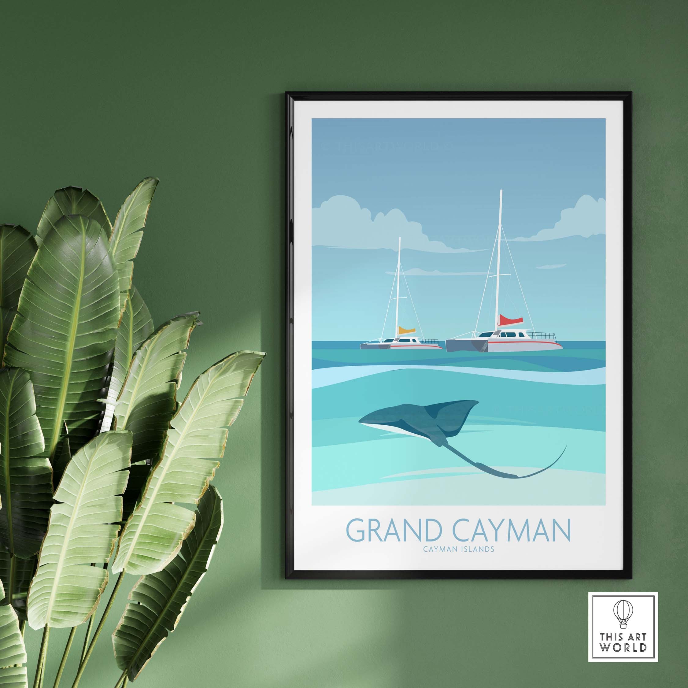Framed Grand Cayman art print poster featuring sailboats and a stingray, perfect for travel-inspired home decor.