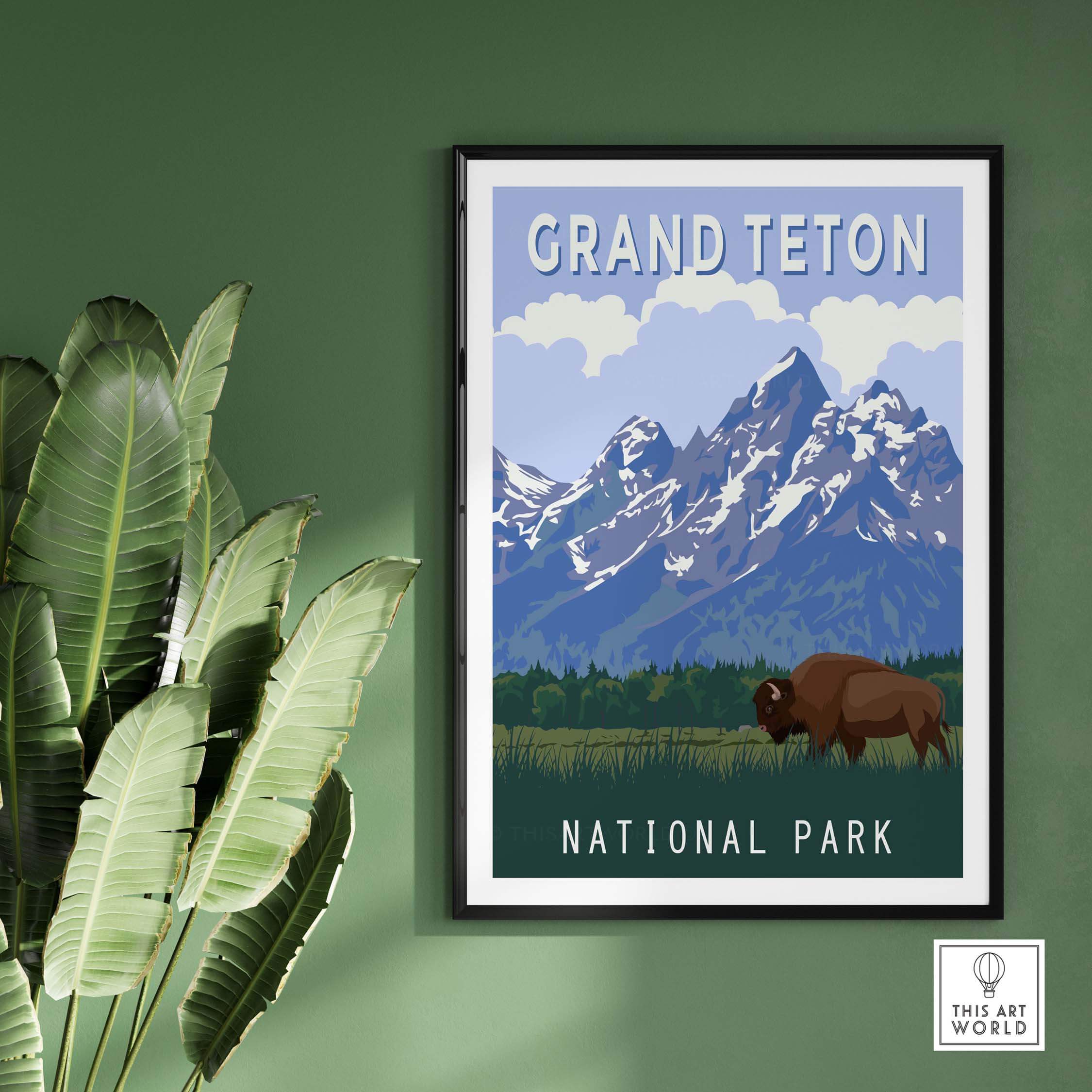 Grand Teton National Park print featuring mountains and bison, perfect for wall art in home or office.