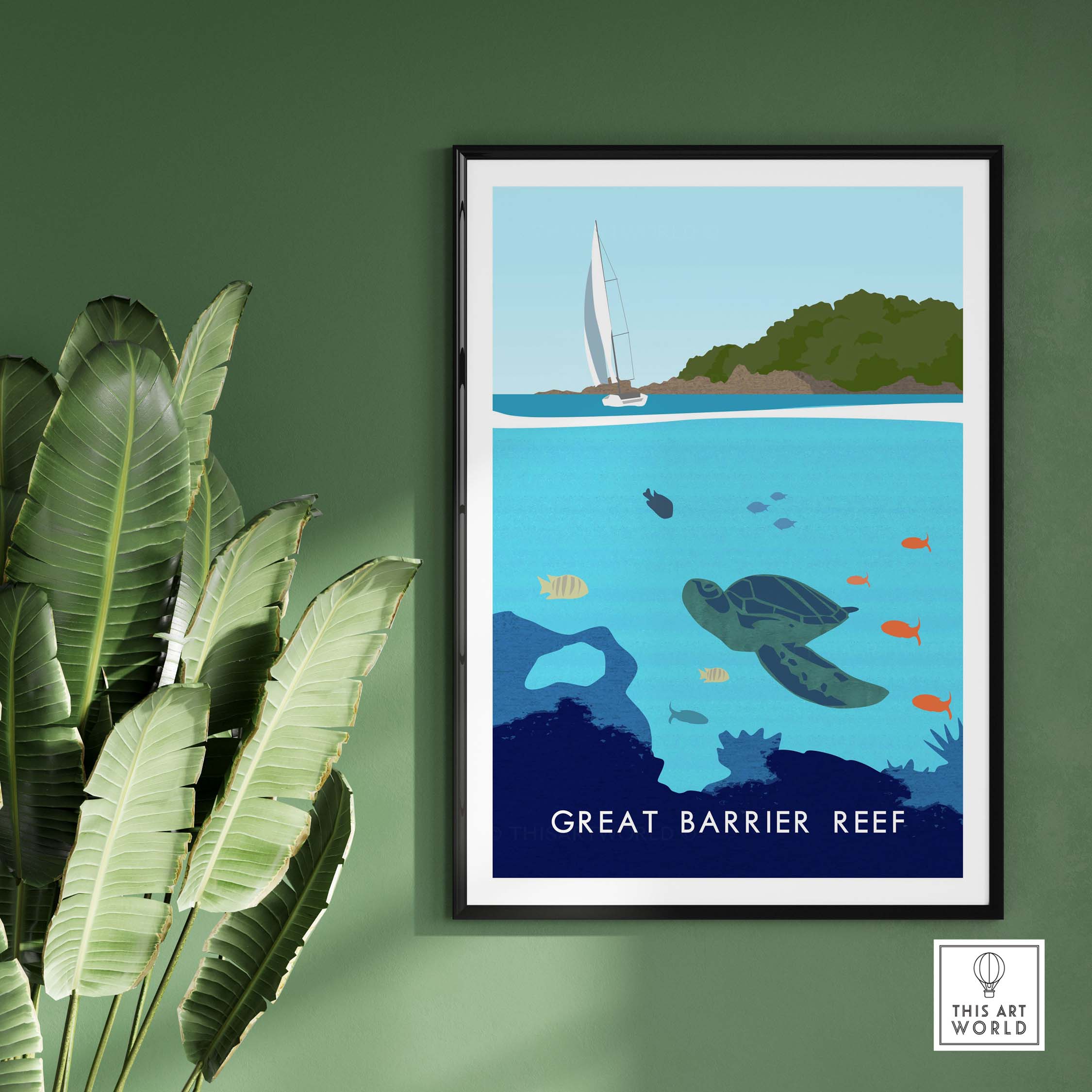 Great Barrier Reef print featuring a turtle, colorful fish, and a sailboat in a minimalist style.