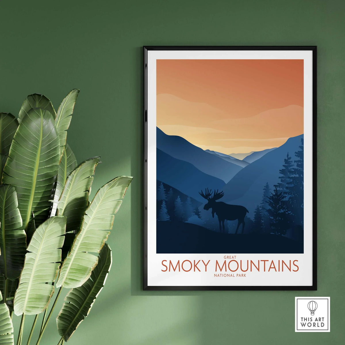 Smoky Mountains National Park art print framed on green wall, featuring minimalist design and mountain landscape.