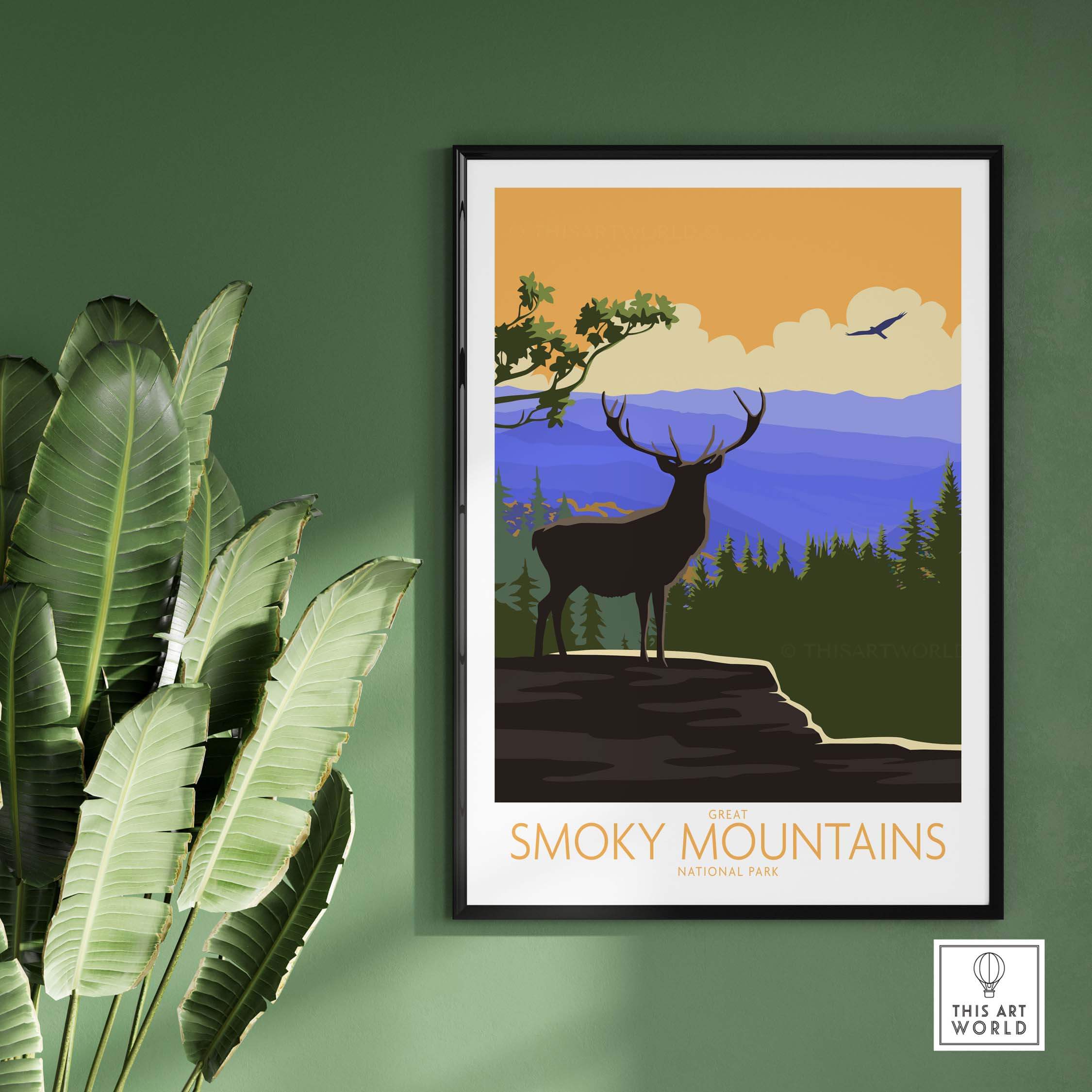 Great Smoky Mountains poster featuring a silhouette of a deer against a colorful nature backdrop.