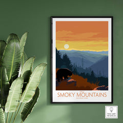 Smoky Mountains Poster Print showcasing a bear and sunset, inspired by vintage National Park art for home decor.