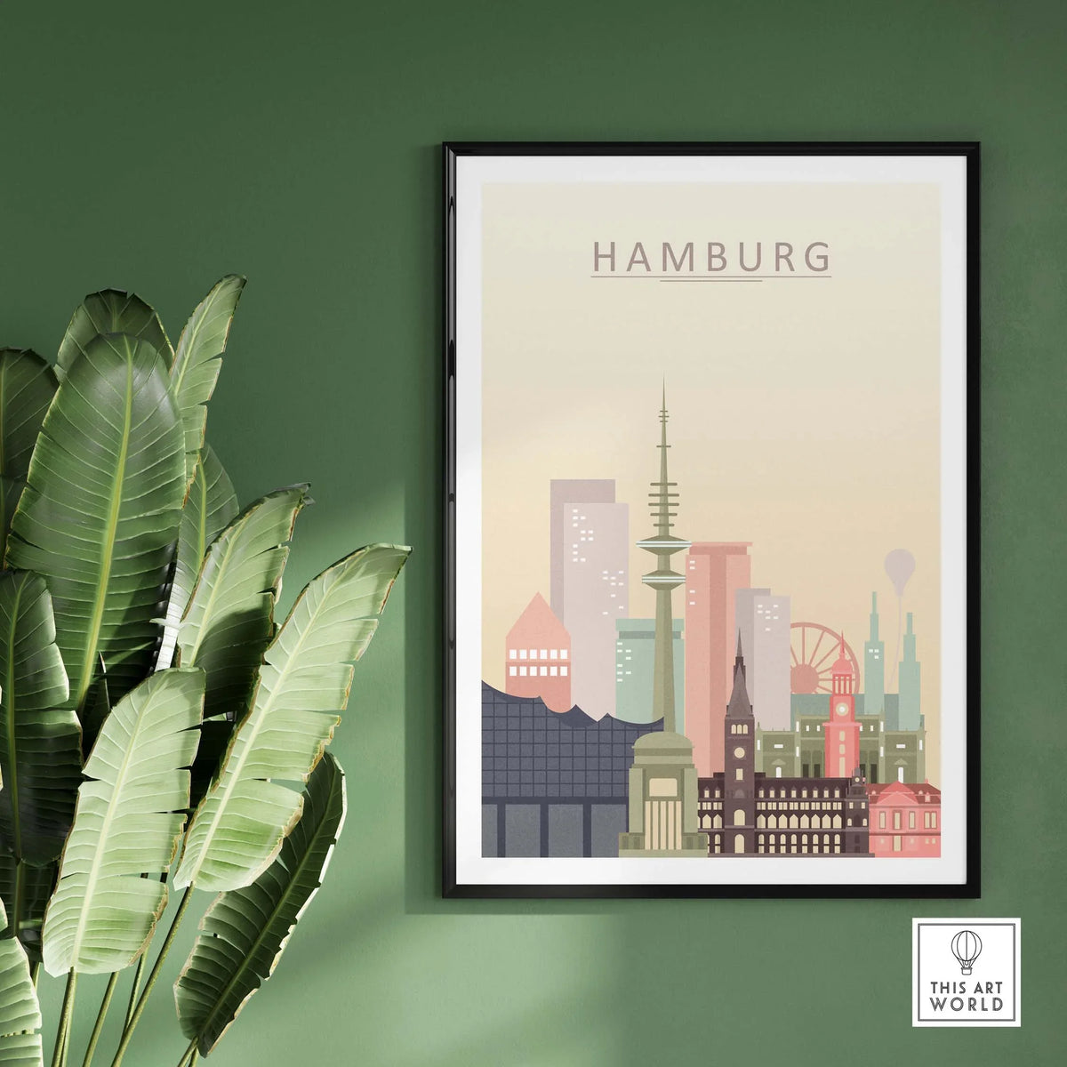 Hamburg city skyline print in pastel tones, framed wall art showcasing iconic architecture on a green wall.