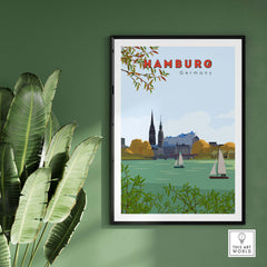 Vintage Hamburg poster featuring sailboats and city skyline, perfect wall art for home or office decoration.