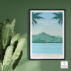Kauai Print Wall Art Poster featuring Hanalei Bay with palm trees and sailboat against a green wall.