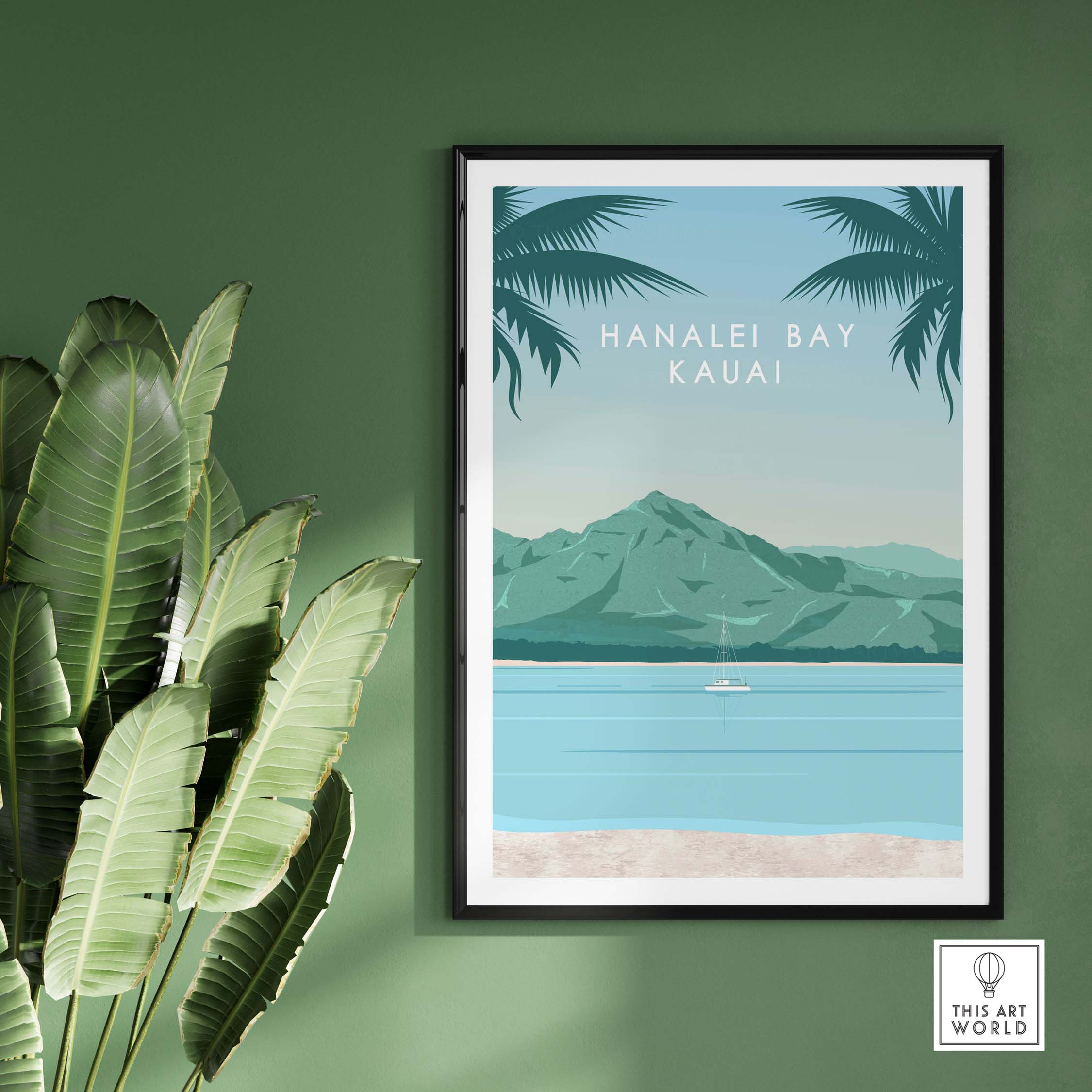 Kauai Print Wall Art Poster featuring Hanalei Bay with palm trees and sailboat against a green wall.