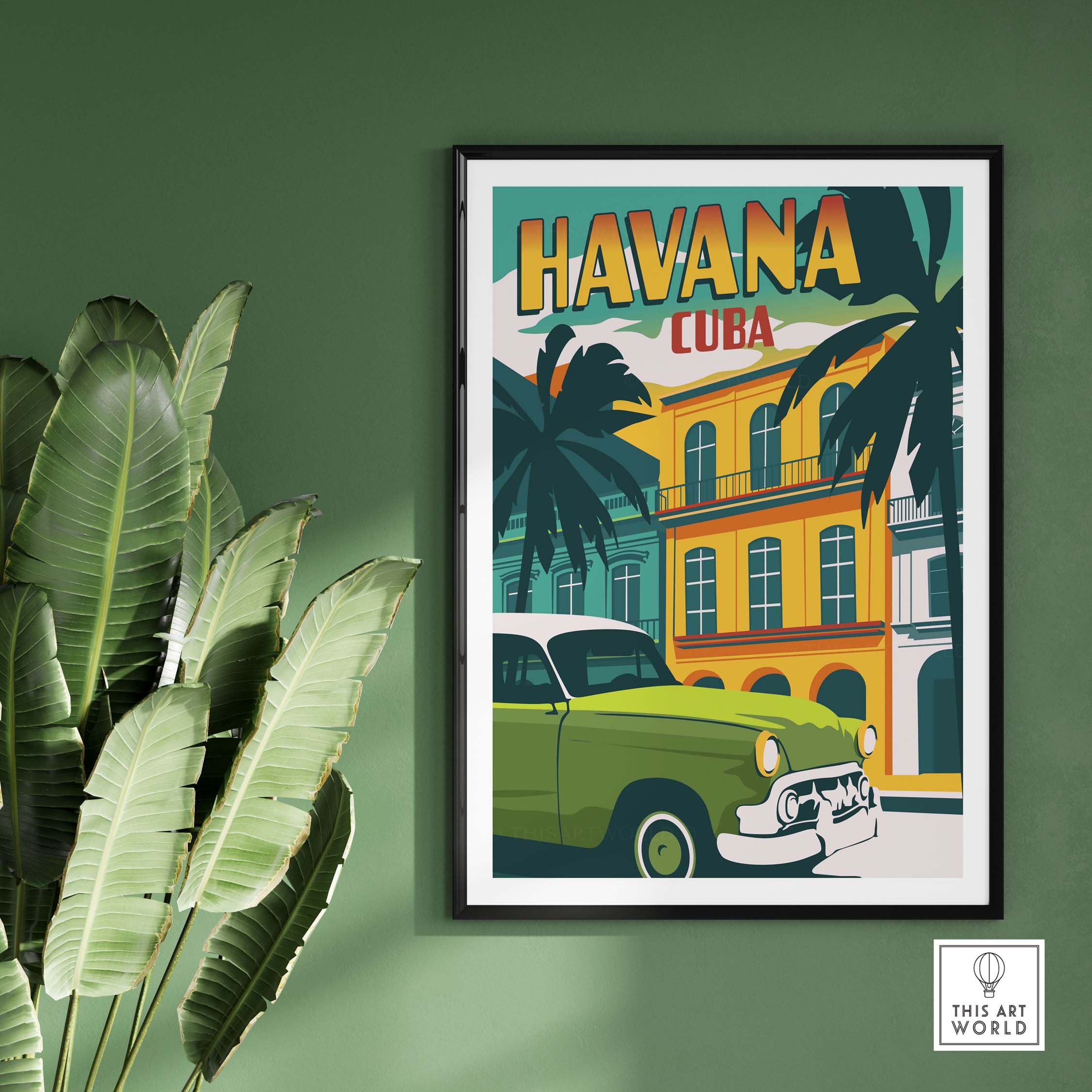 Colorful Havana Cuba poster with vintage car and palm trees, perfect for home or office wall art.