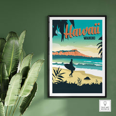 Hawaii Waikiki vintage travel poster wall art print with surfer on beach, plants, and ocean view.