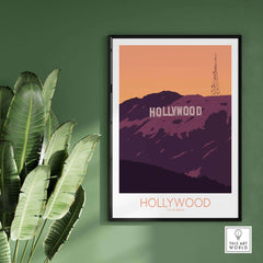 Hollywood Print California Poster showcasing the iconic Hollywood sign against a sunset background, framed art for travel lovers.