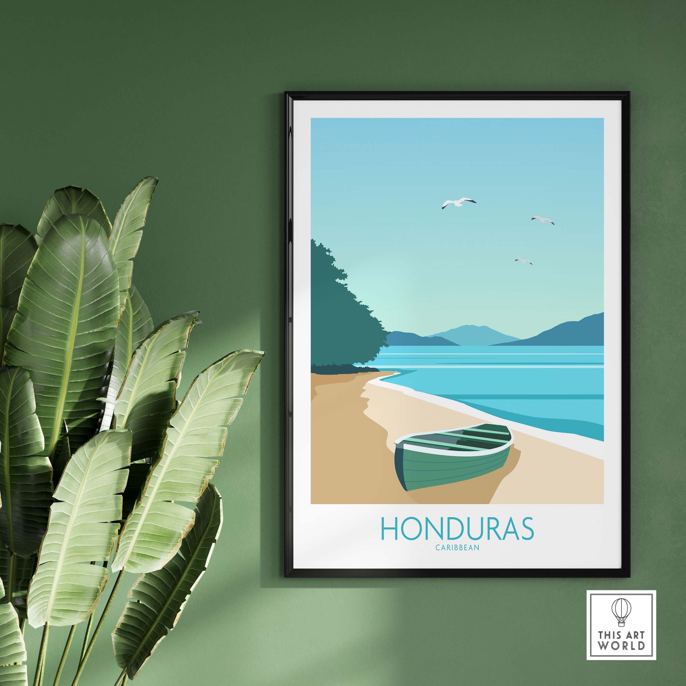 Honduras Caribbean poster print showcasing a serene beach scene with a boat, framed on a green wall.