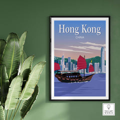 Hong Kong travel poster print featuring a traditional sailboat and city skyline, perfect for home or office decor.