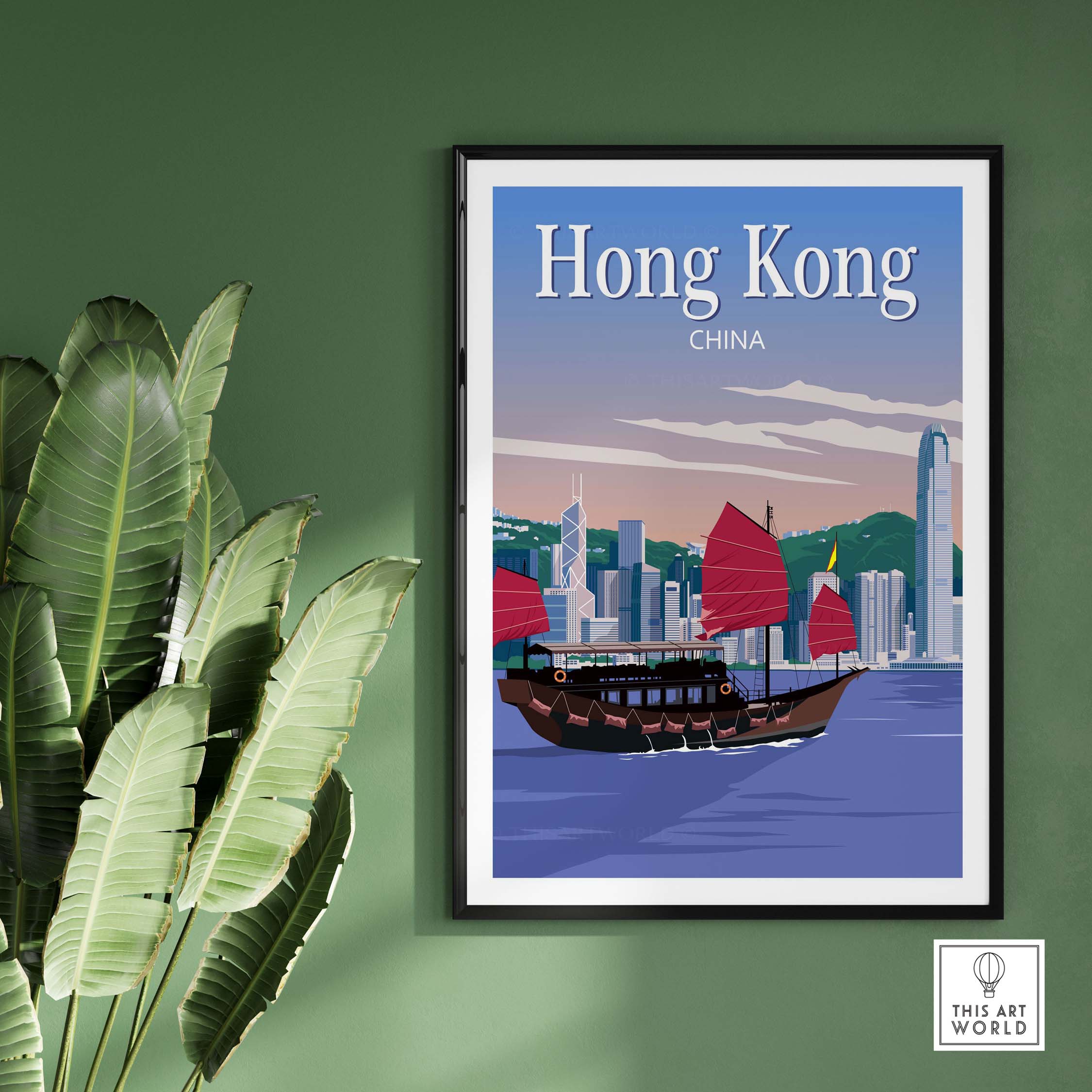 Hong Kong travel poster print featuring a traditional sailboat and city skyline, perfect for home or office decor.