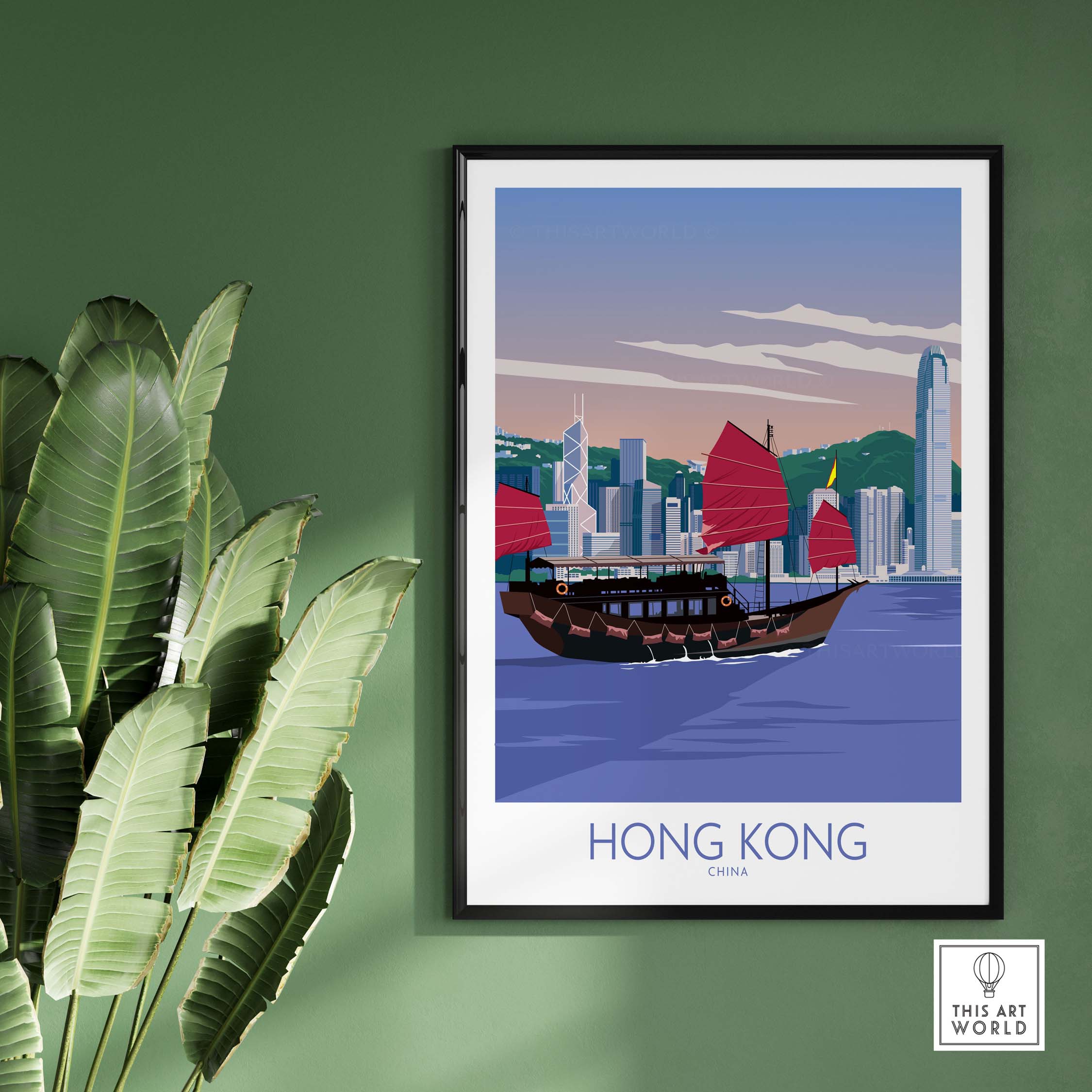 Hong Kong print featuring traditional junk boat and skyline, minimalist vintage travel poster style.