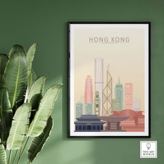 Hong Kong skyline print wall art featuring iconic architecture in warm pastel tones, perfect for home decor.
