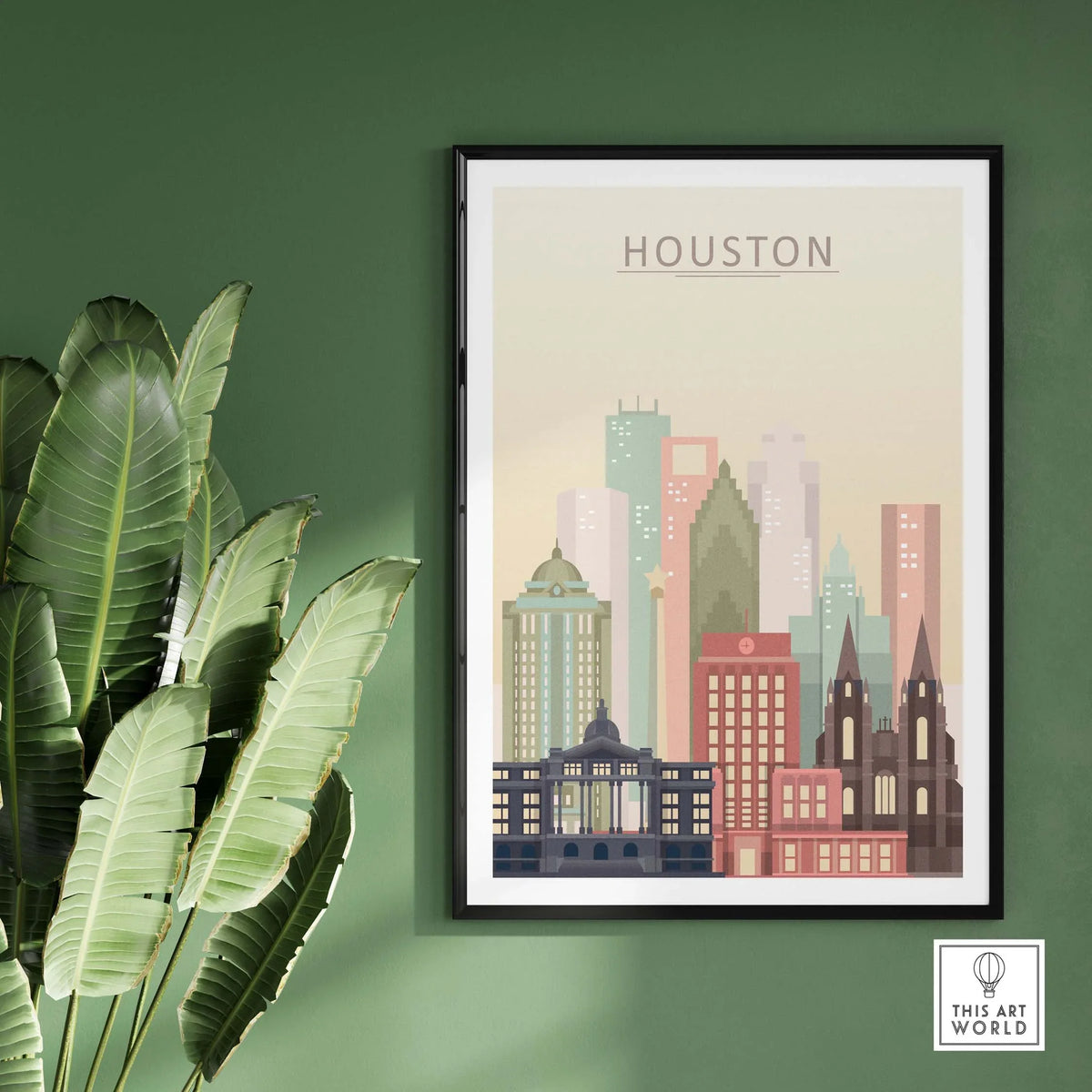Houston Skyline Print featuring iconic buildings in warm pastel tones against a green wall.