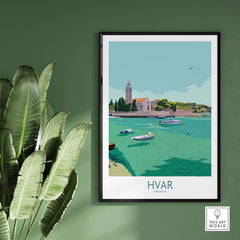 Hvar Print Croatia Travel Poster featuring Dalmatian Coast scene with boats and historic buildings, ideal for home decor.