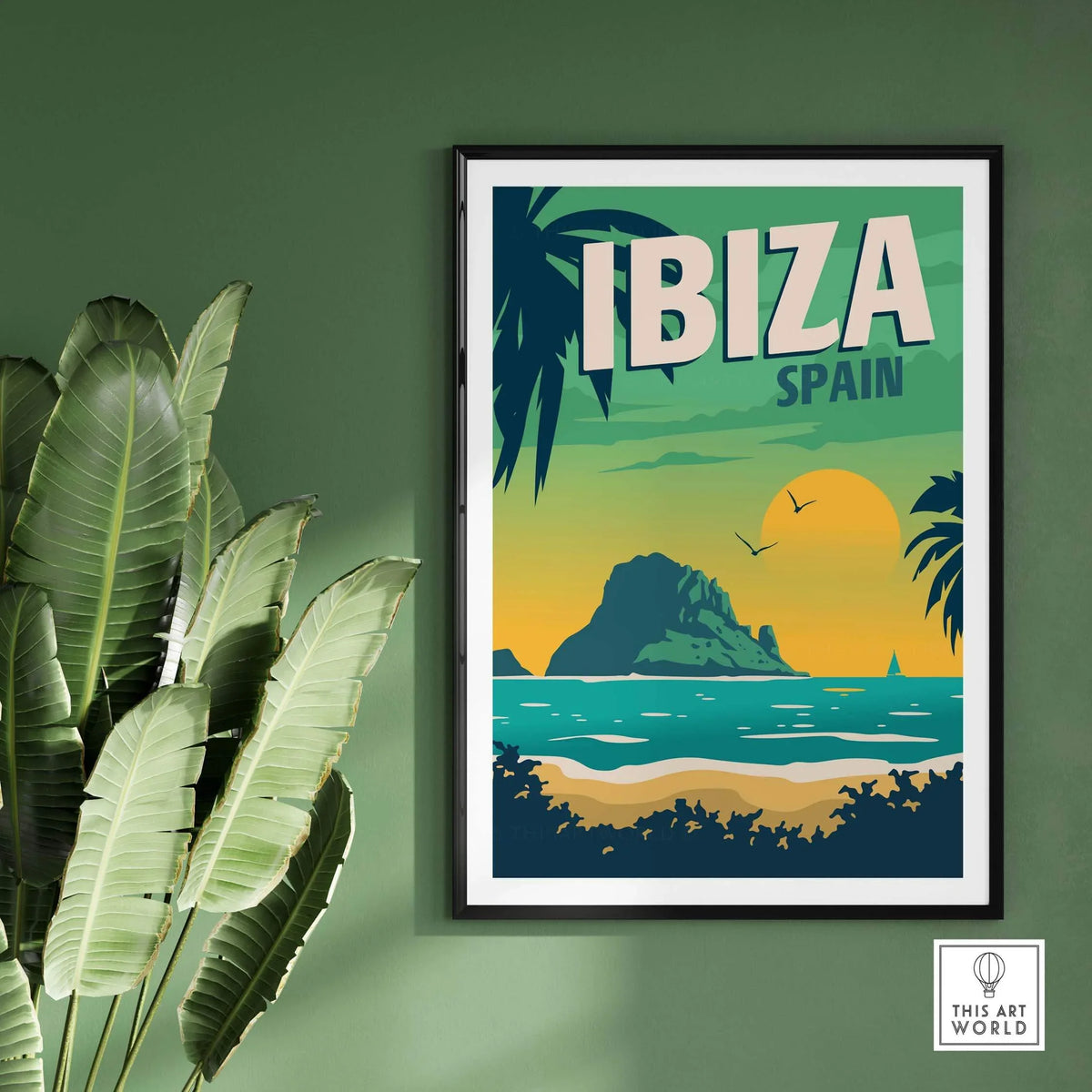 Ibiza travel poster art print featuring a tropical beach scene, palm trees, and vibrant colors, perfect for home decor.
