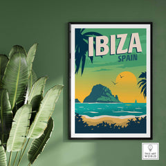 Ibiza travel poster art print featuring a tropical beach scene, palm trees, and vibrant colors, perfect for home decor.