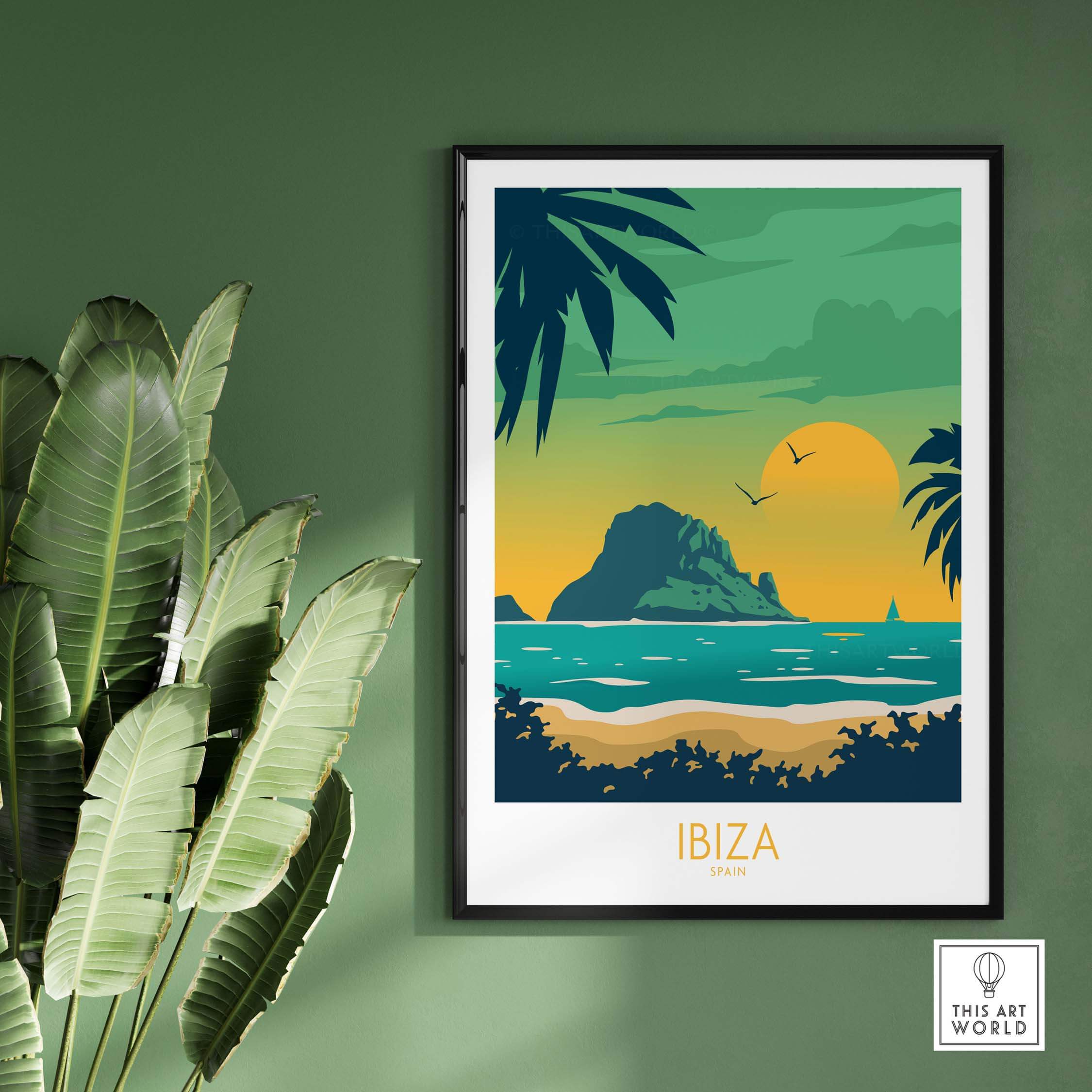 Ibiza Print Travel Poster featuring a tropical seascape and palm trees, perfect for home or office decor.