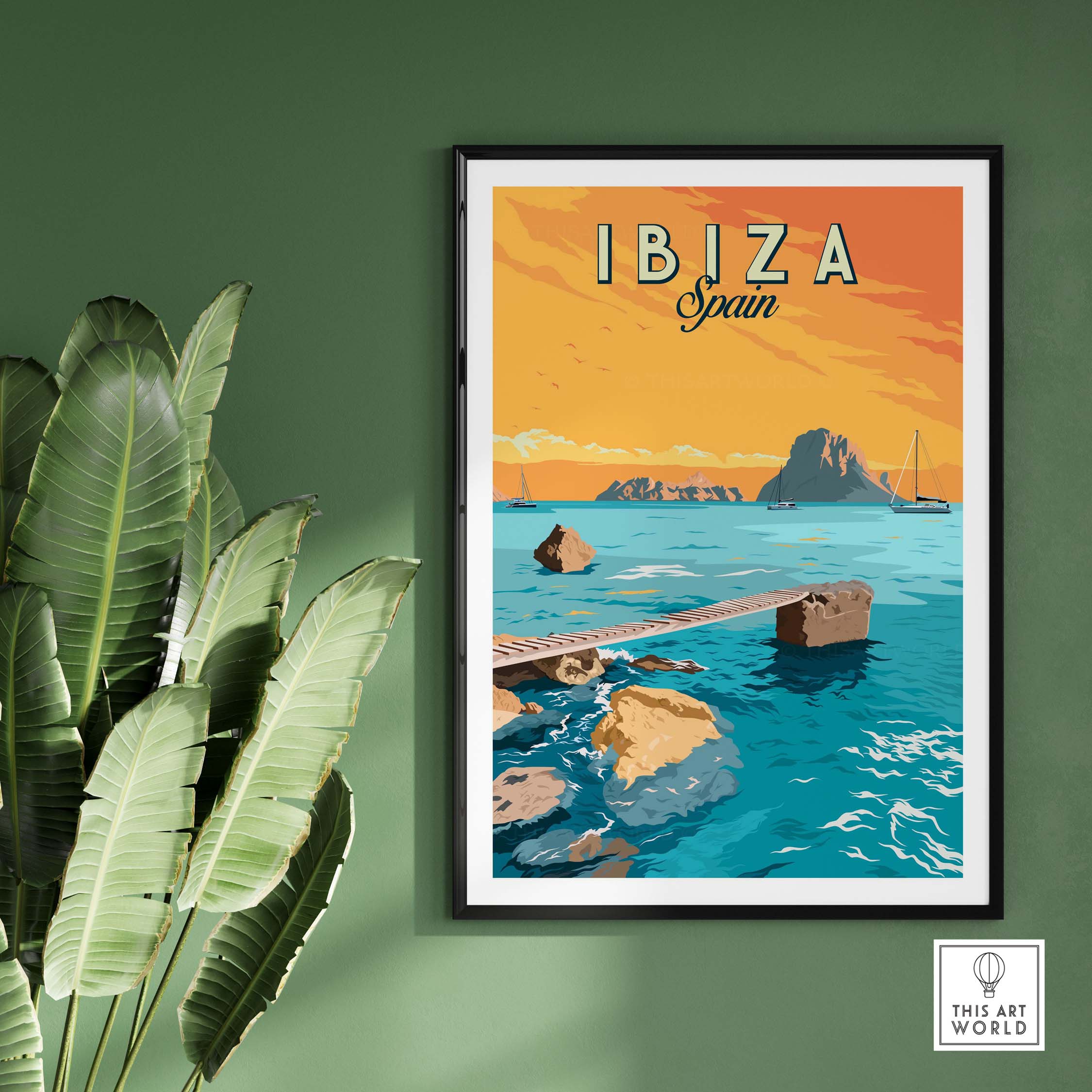 Ibiza Print Spain Sunset Poster featuring vibrant colors and scenic coastal rocks on a green wall.