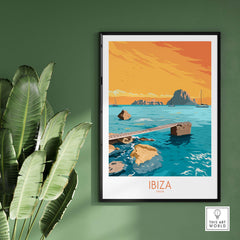 Ibiza Poster Island Wall Art showcasing vibrant colors of the island, framed in a stylish setting with tropical plants.