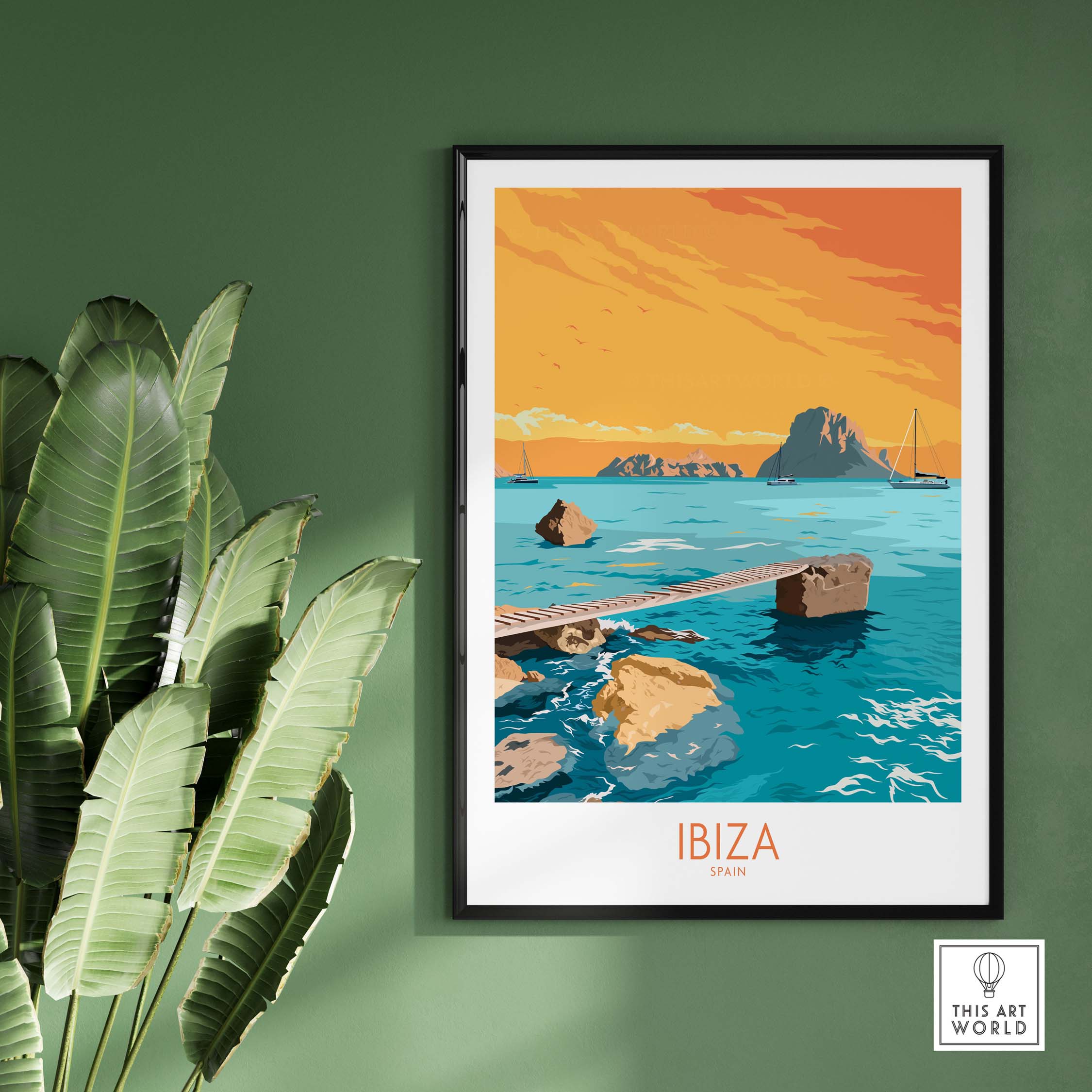 Ibiza Poster Island Wall Art showcasing vibrant colors of the island, framed in a stylish setting with tropical plants.