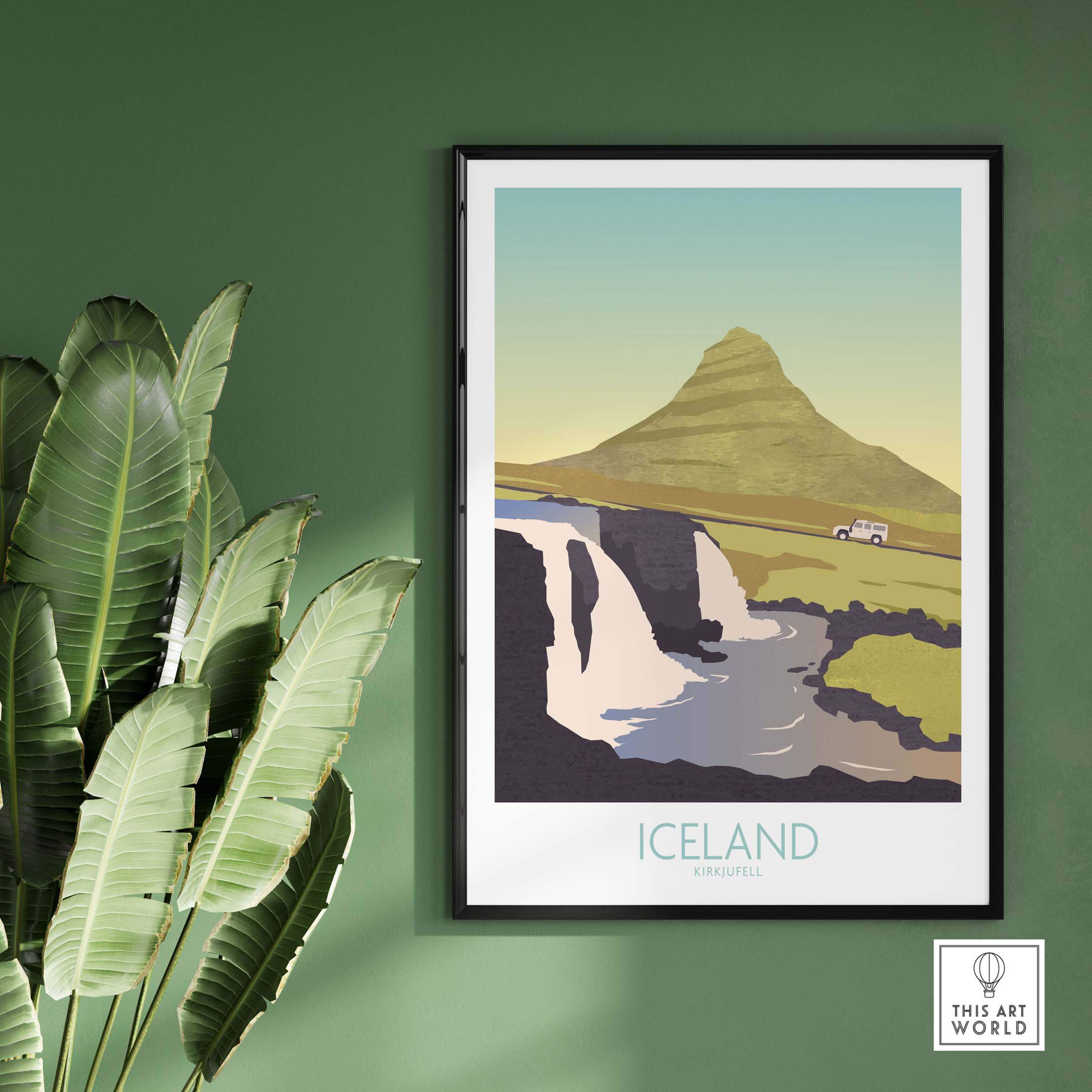 Iceland print travel poster featuring a waterfall and mountain, ideal for travel lovers and stylish home decor.