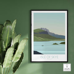Isle of Skye poster print hanging on a wall, showcasing serene Scottish landscape with a boat.