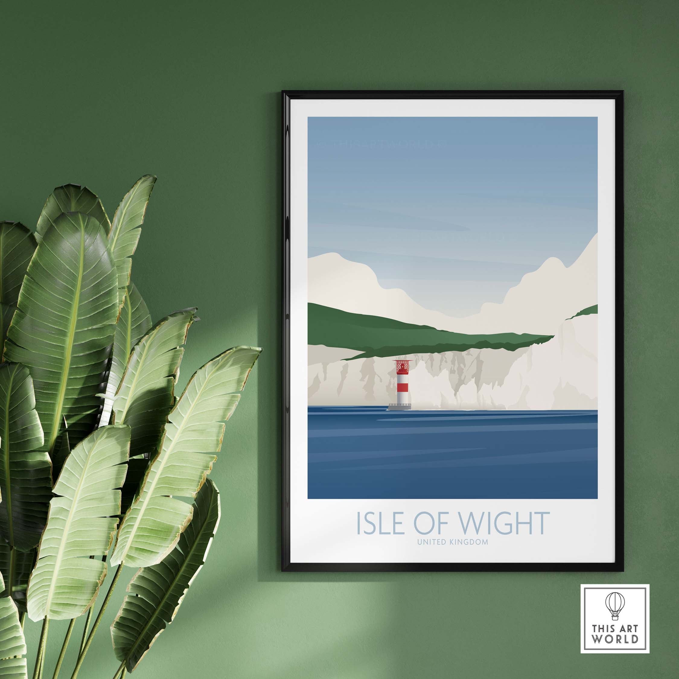 Isle of Wight Print artwork framed, featuring a lighthouse and cliffs, perfect travel wall art for home or office decor.