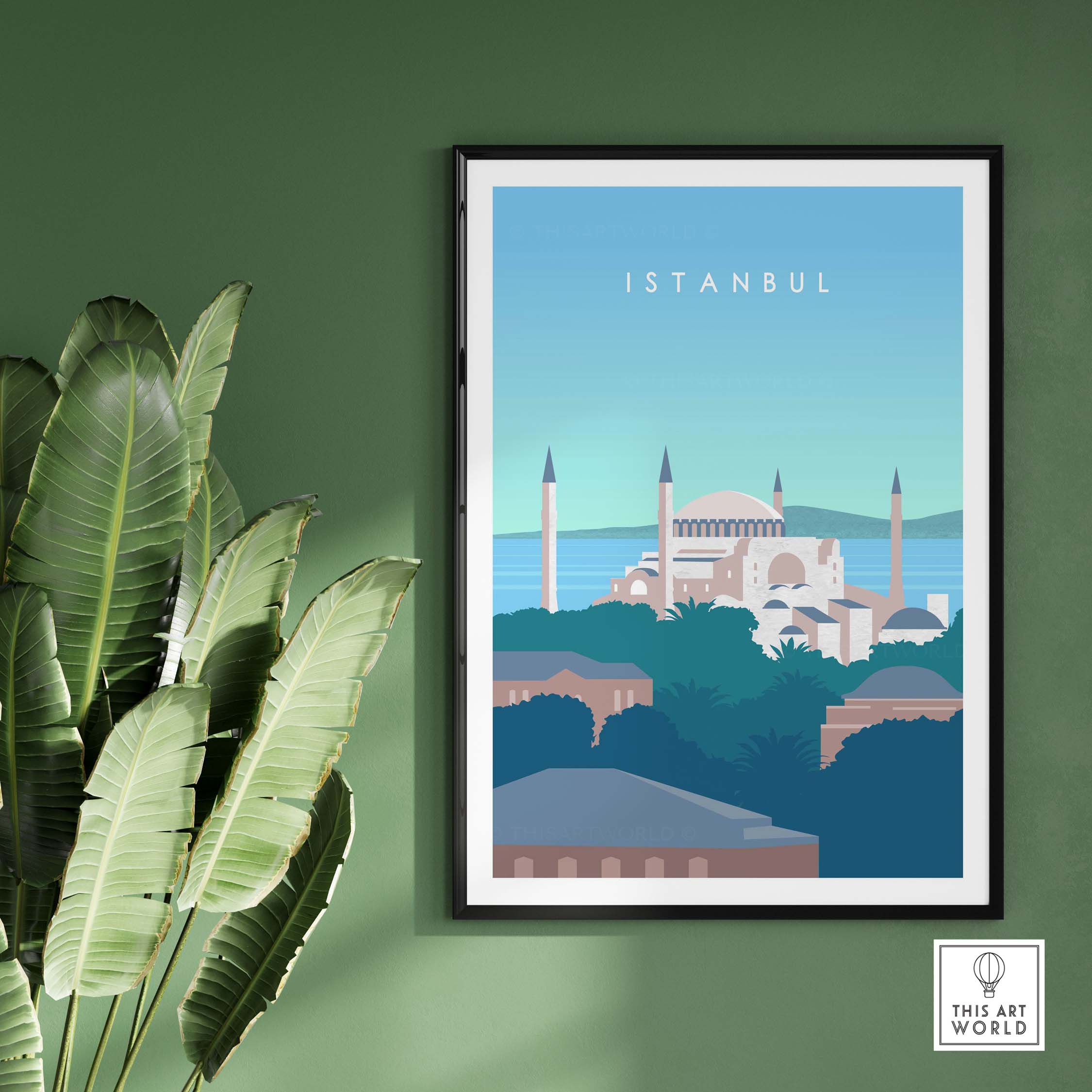 Istanbul wall art poster featuring Sultan Ahmed's Blue Mosque in vintage style, perfect for home decor.