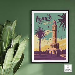 Izmir print Turkey travel poster featuring iconic clock tower and palm trees, vintage style wall art for home decor.