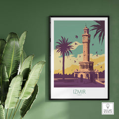 Izmir Poster Turkey Wall Art featuring a vintage-inspired cityscape with palm trees and clock tower.