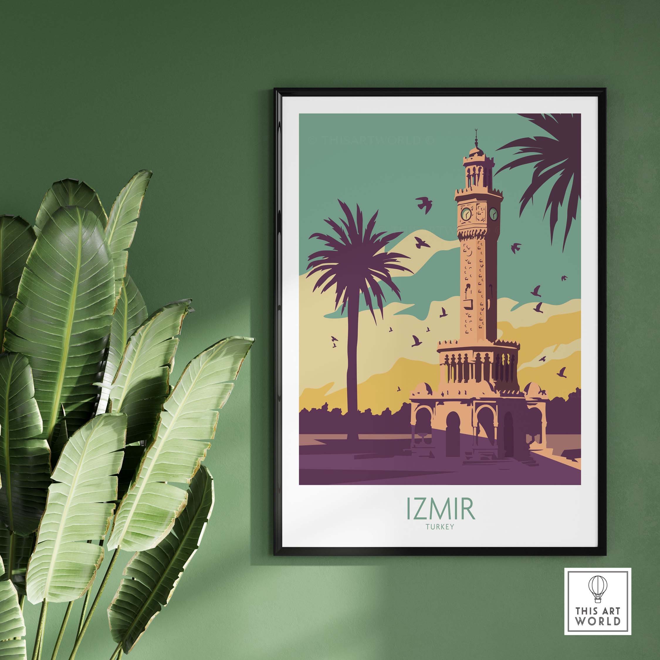 Izmir Poster Turkey Wall Art featuring a vintage-inspired cityscape with palm trees and clock tower.