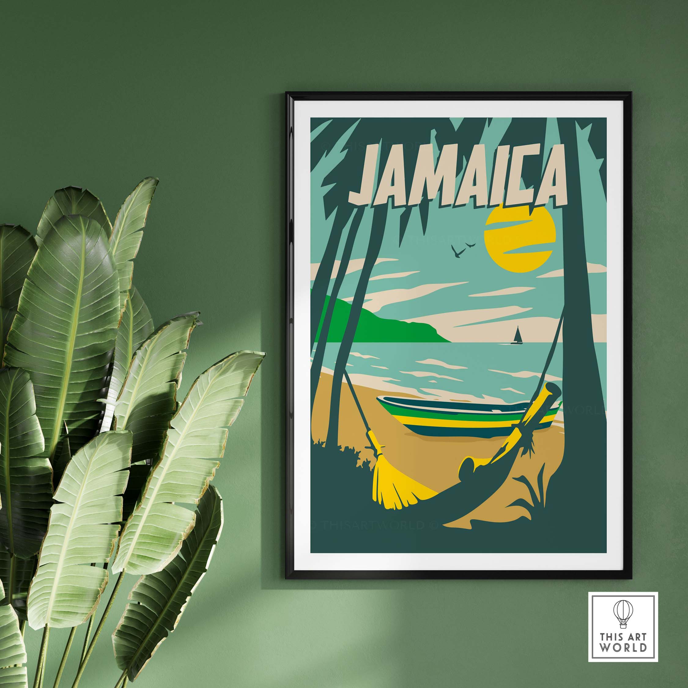 Jamaica Print Beach Poster showcasing vintage travel art with palm trees and a serene sea view.
