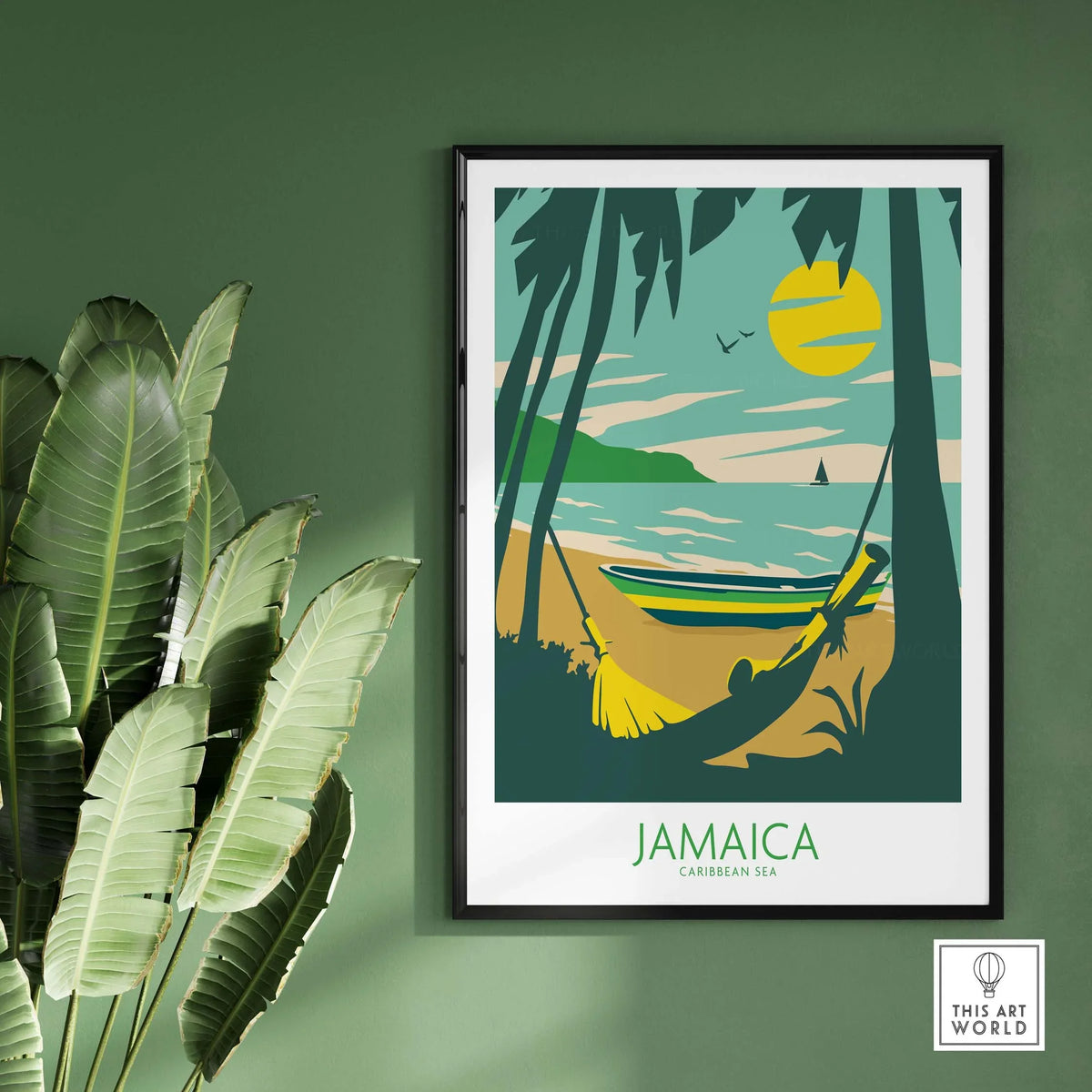 Jamaica Poster Retro featuring a tropical beach scene with palm trees and a boat, perfect for travel decor.