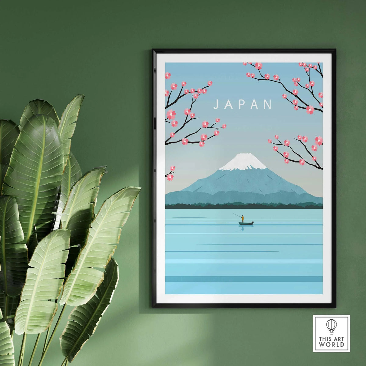 Mount Fuji poster wall art featuring cherry blossoms and a tranquil lake, perfect for Japan-inspired decor.