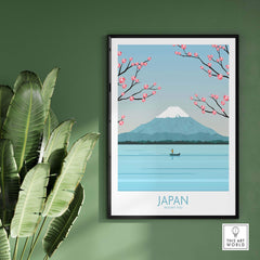 Japan Print Mount Fuji poster with cherry blossoms, framed art for home or office decor.