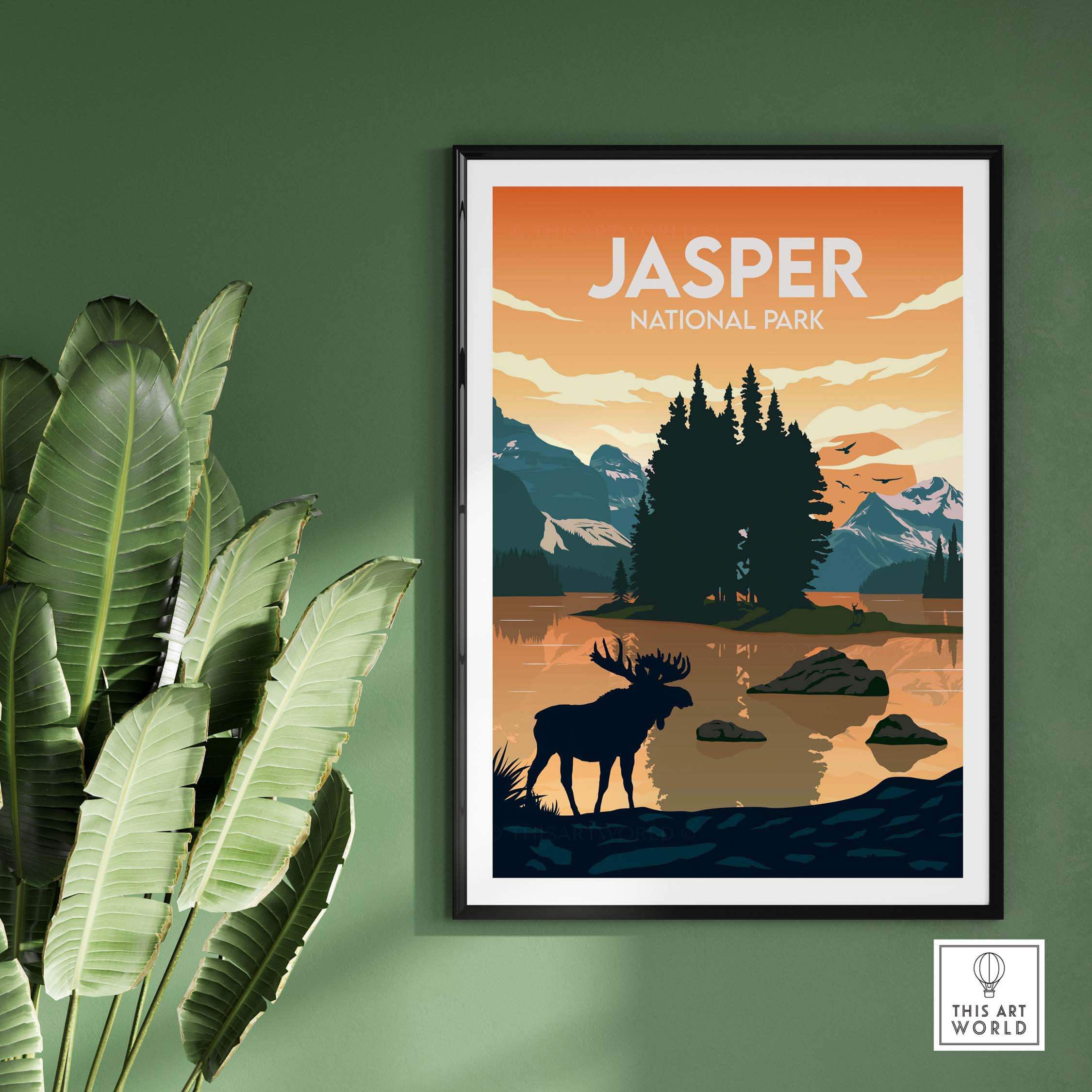 Jasper National Park poster featuring minimalist design of mountains, lake, and moose in a framed print.