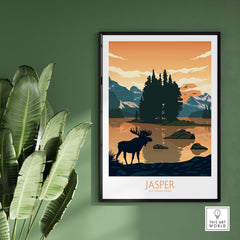 Jasper National Park art print featuring a moose silhouette against a mountain lake backdrop, minimalistic style.