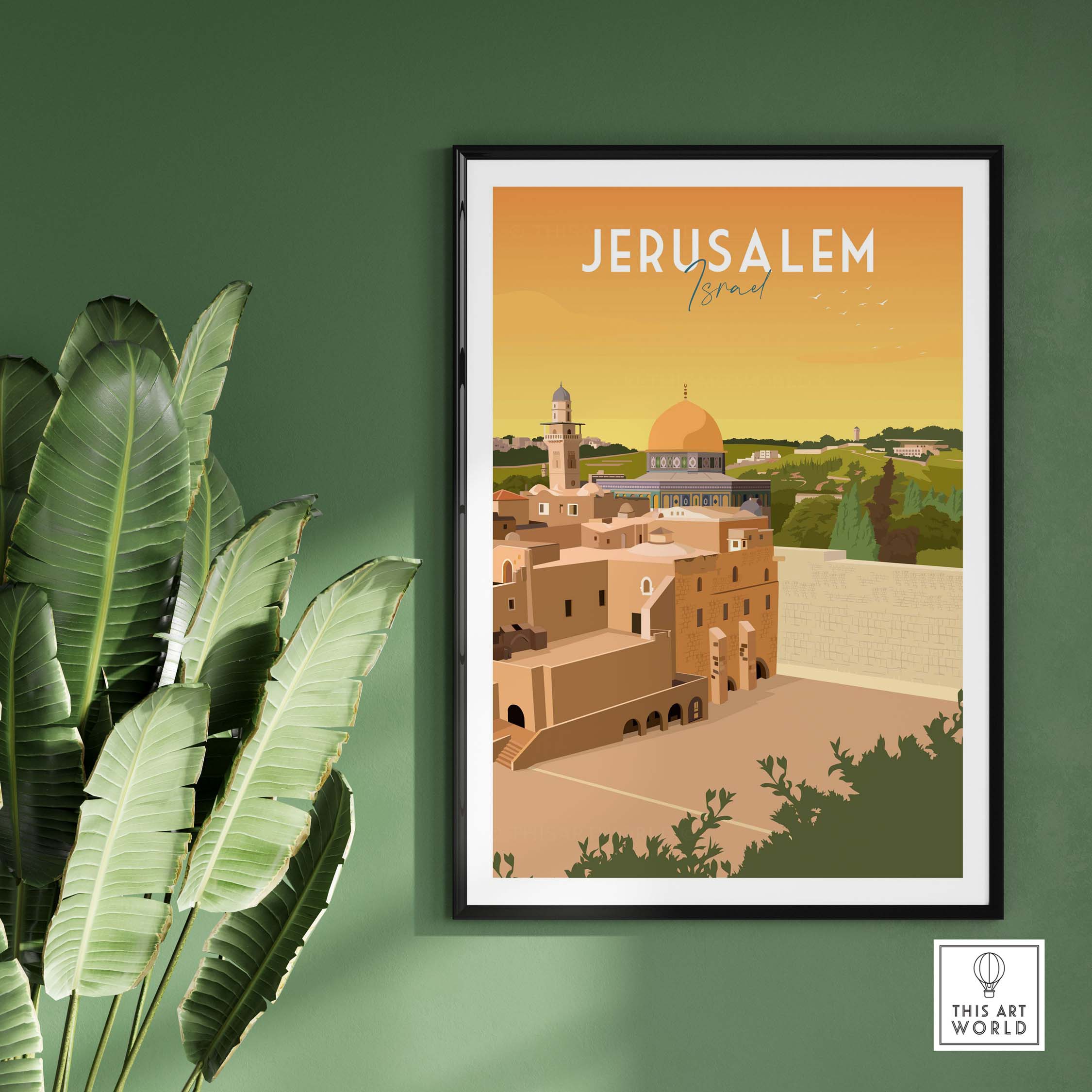 Jerusalem Print artwork featuring a minimalist design inspired by vintage travel posters.